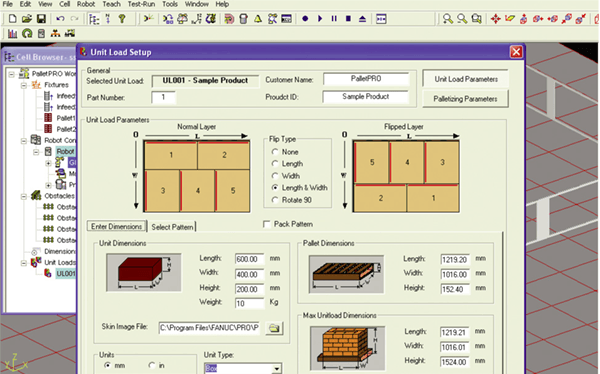 There is a unit load setup window for adding all the pallet dimensions. 