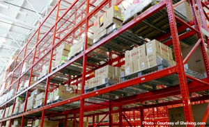 Color coded shelving in the warehouse area.