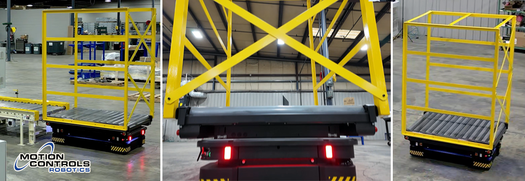 Autonomous mobile robot transporting bulky product in a shared industrial space